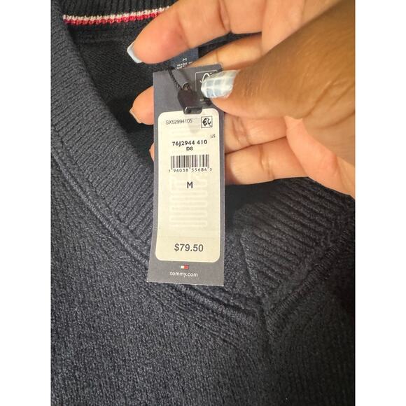 Tommy Hilfiger Sweater Men Medium Blue V‎ Neck Preppy Academia Knit Nautical NWT - Picture 3 of 8